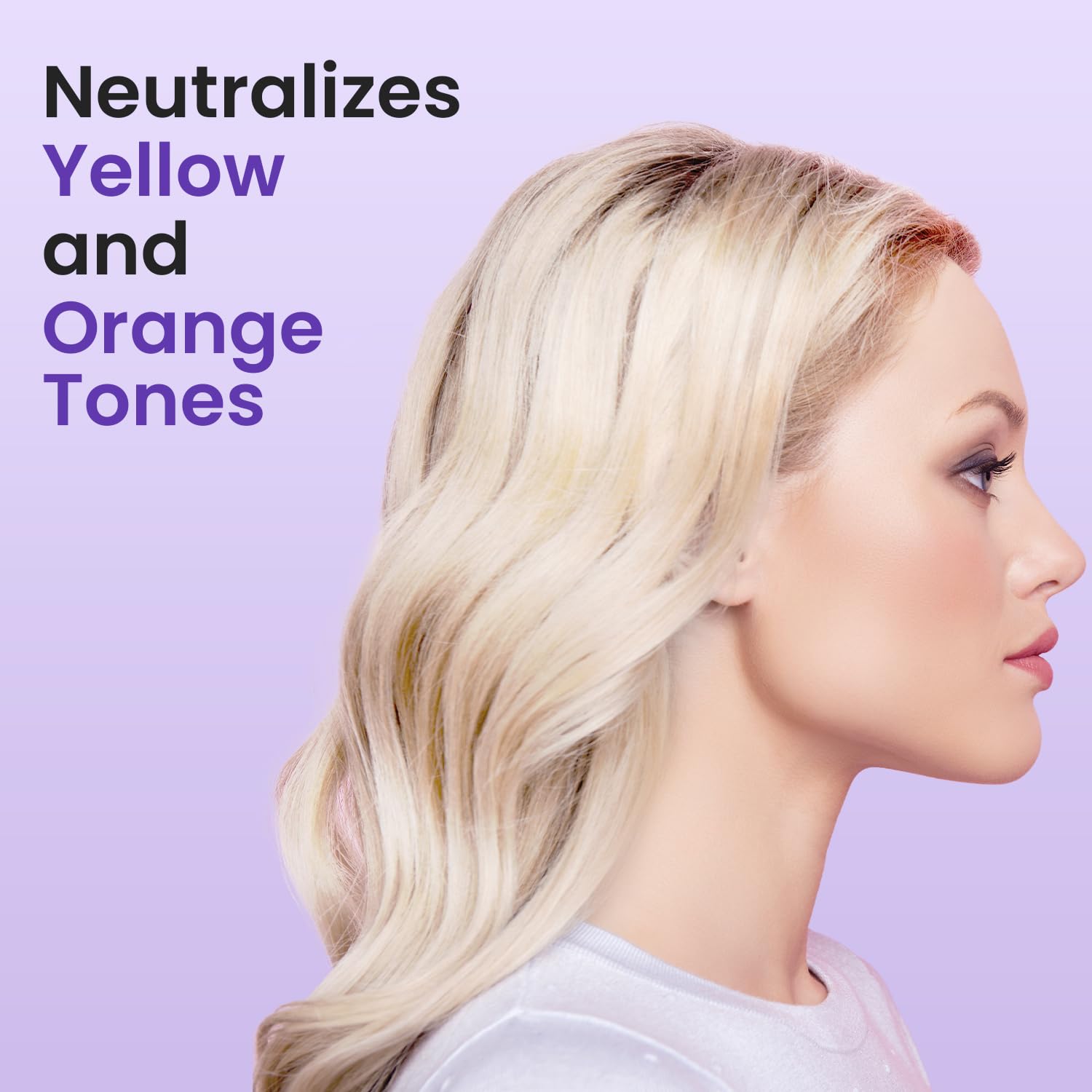 Nuva Botanicals Shampoing Violet – cheveux blonds et gris lumineux après utilisation.