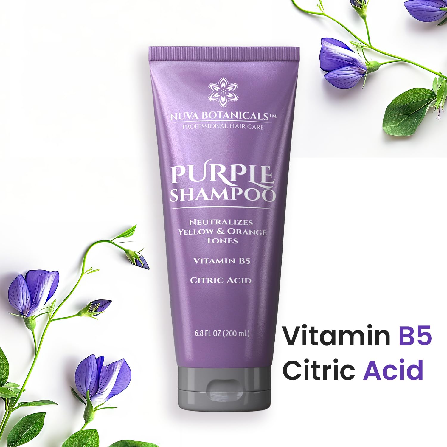 Nuva Botanicals Shampoing Violet – emballage et flacon faciles à prendre en main.