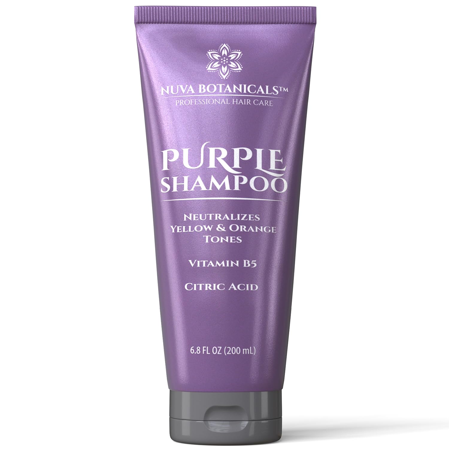 Nuva Botanicals Shampoing Violet – bouteille élégante qui neutralise les reflets jaunes.