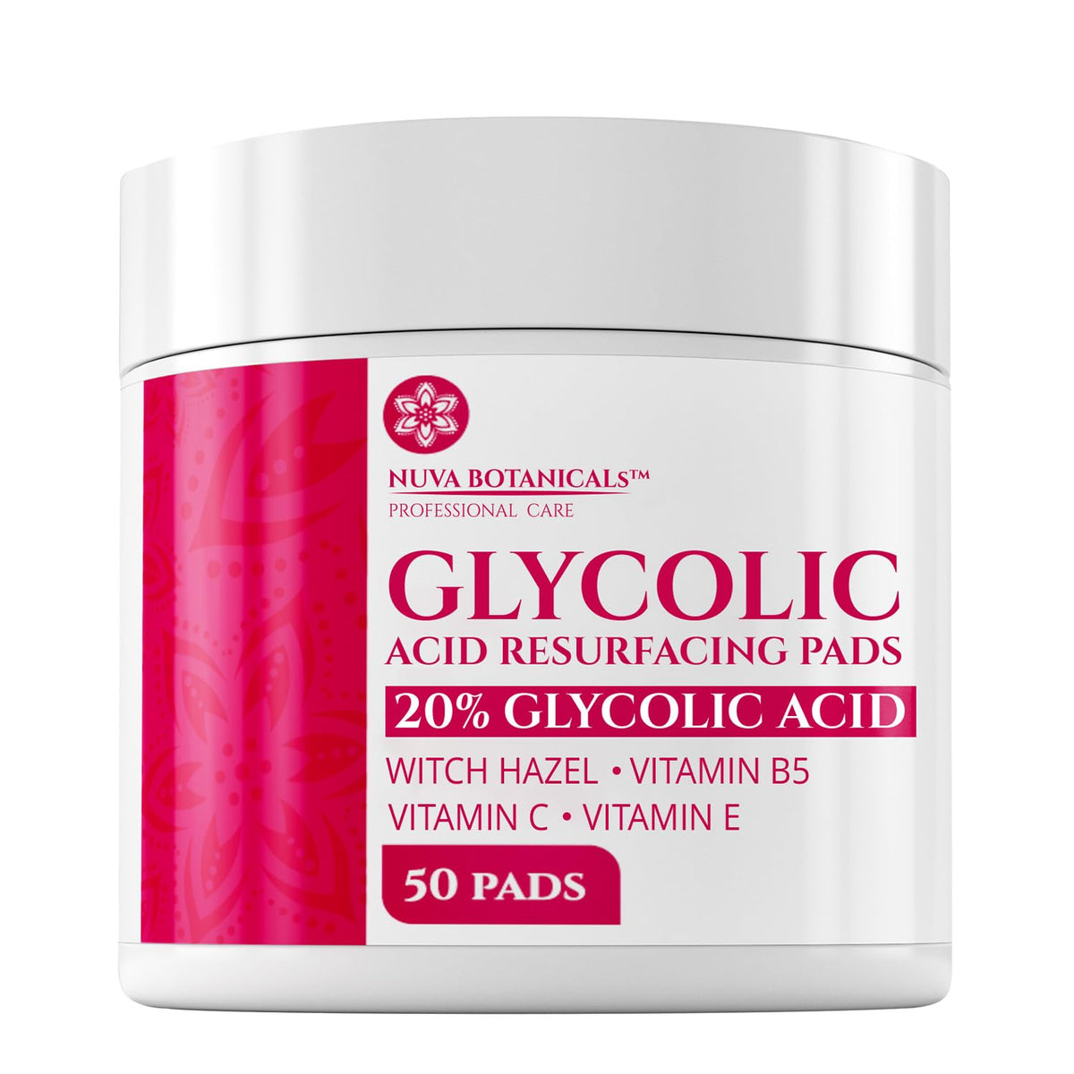 Nuva Botanicals tampons exfoliants 20% glycolique pack-shot pour peau lumineuse.