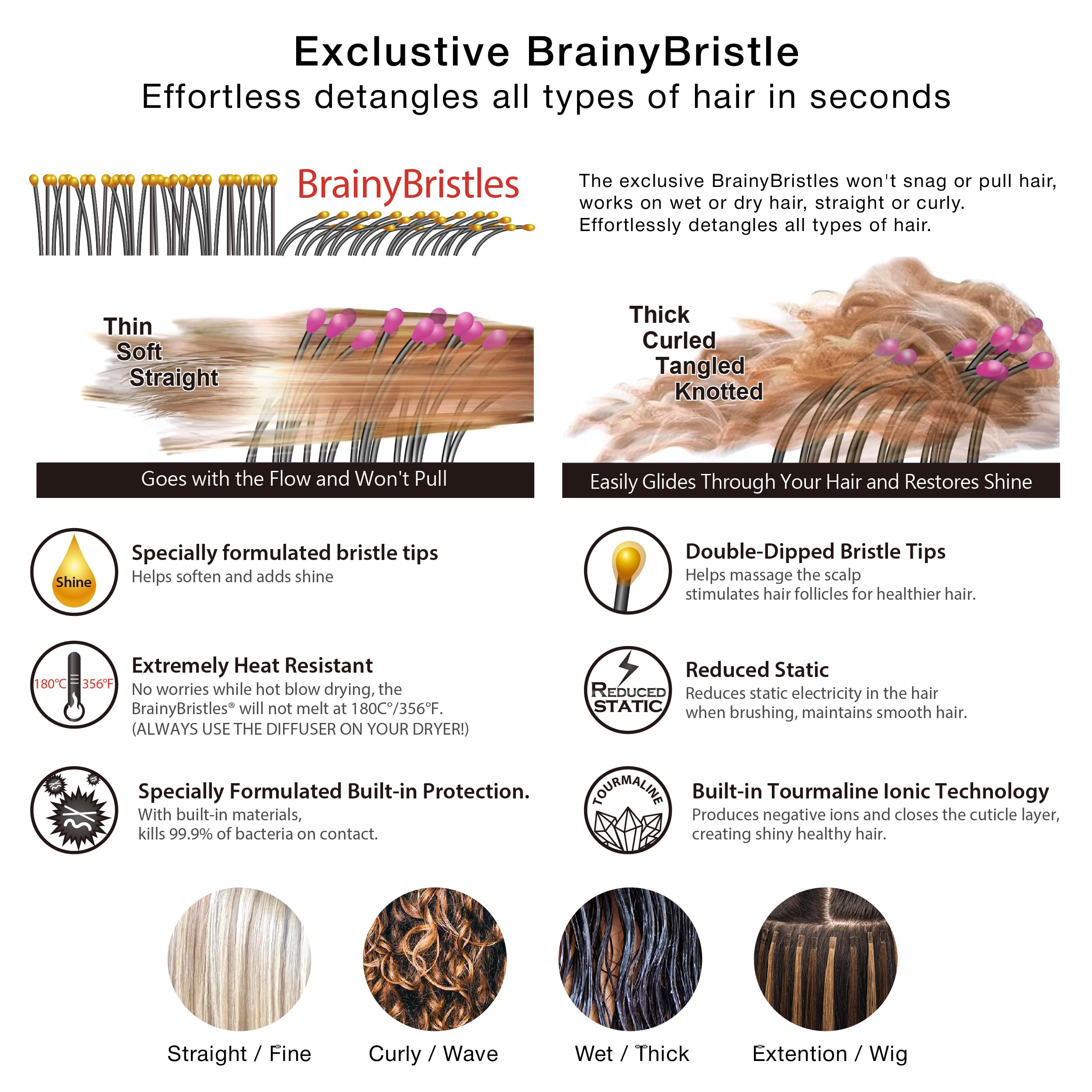 NuWay 4Hair, brosse démêlante, rose bonbon, têtes en nylon démêlant sans tiraillement