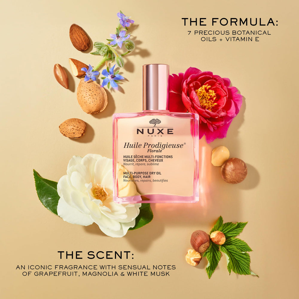 Nuxe Huile Prodigieuse Floral, cheveux brillants grâce à une protection légère.