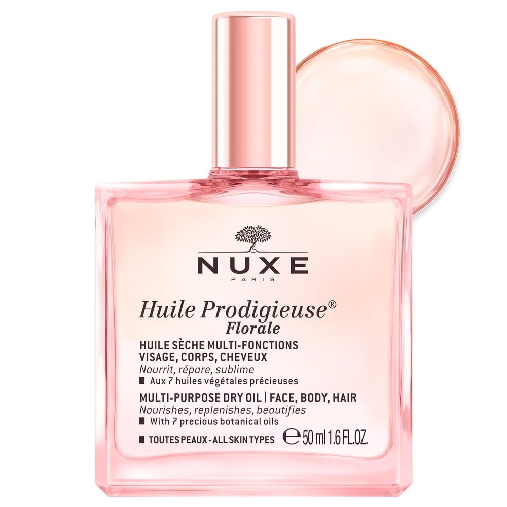 Nuxe Huile Prodigieuse Floral, bouteille lumineuse prête à hydrater visage et corps.