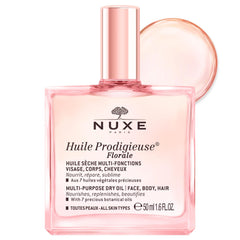 Nuxe Huile Prodigieuse Floral, bouteille lumineuse prête à hydrater visage et corps.