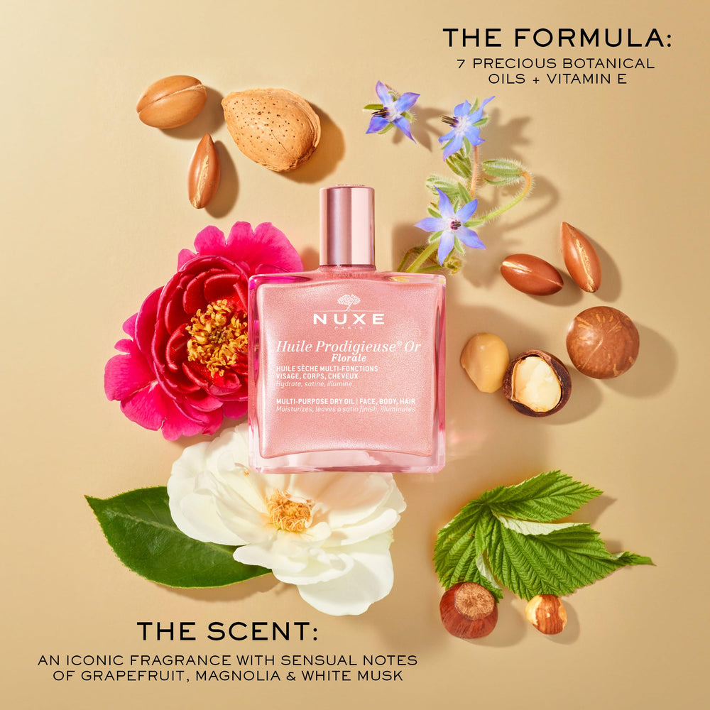 Nuxe Huile Prodigieuse Florale, détail nacré doré sur la peau.