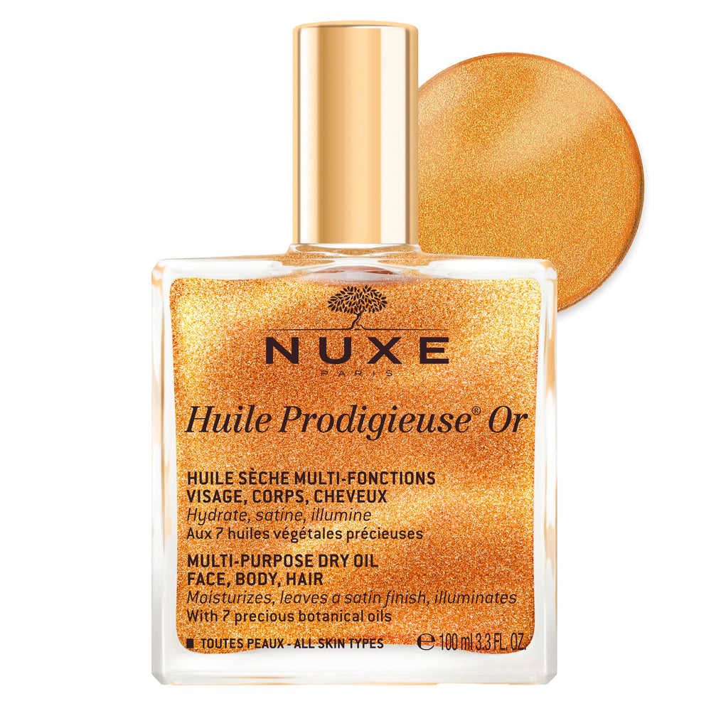 Nuxe Huile Prodigieuse Shimmer — bouteille lumineuse pour éclat naturel sur peau et cheveux.