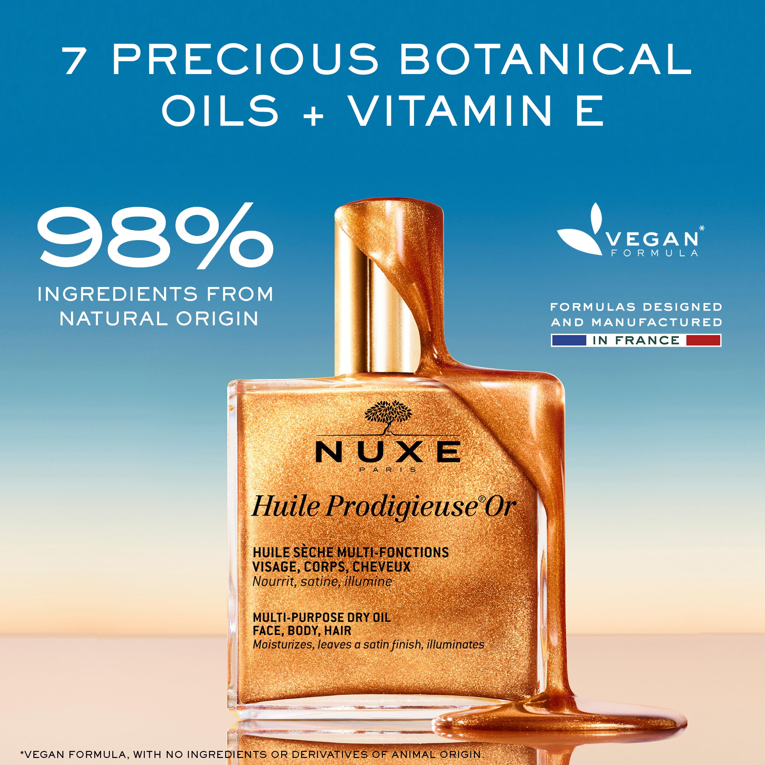 Nuxe Huile Prodigieuse Shimmer — application cheveux pour nourrir et scintiller.