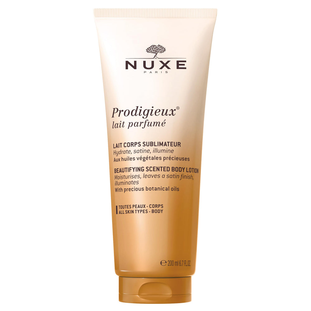 Flacon satiné de Nuxe Prodigieux Lotion, hydratation durable et éclat léger.