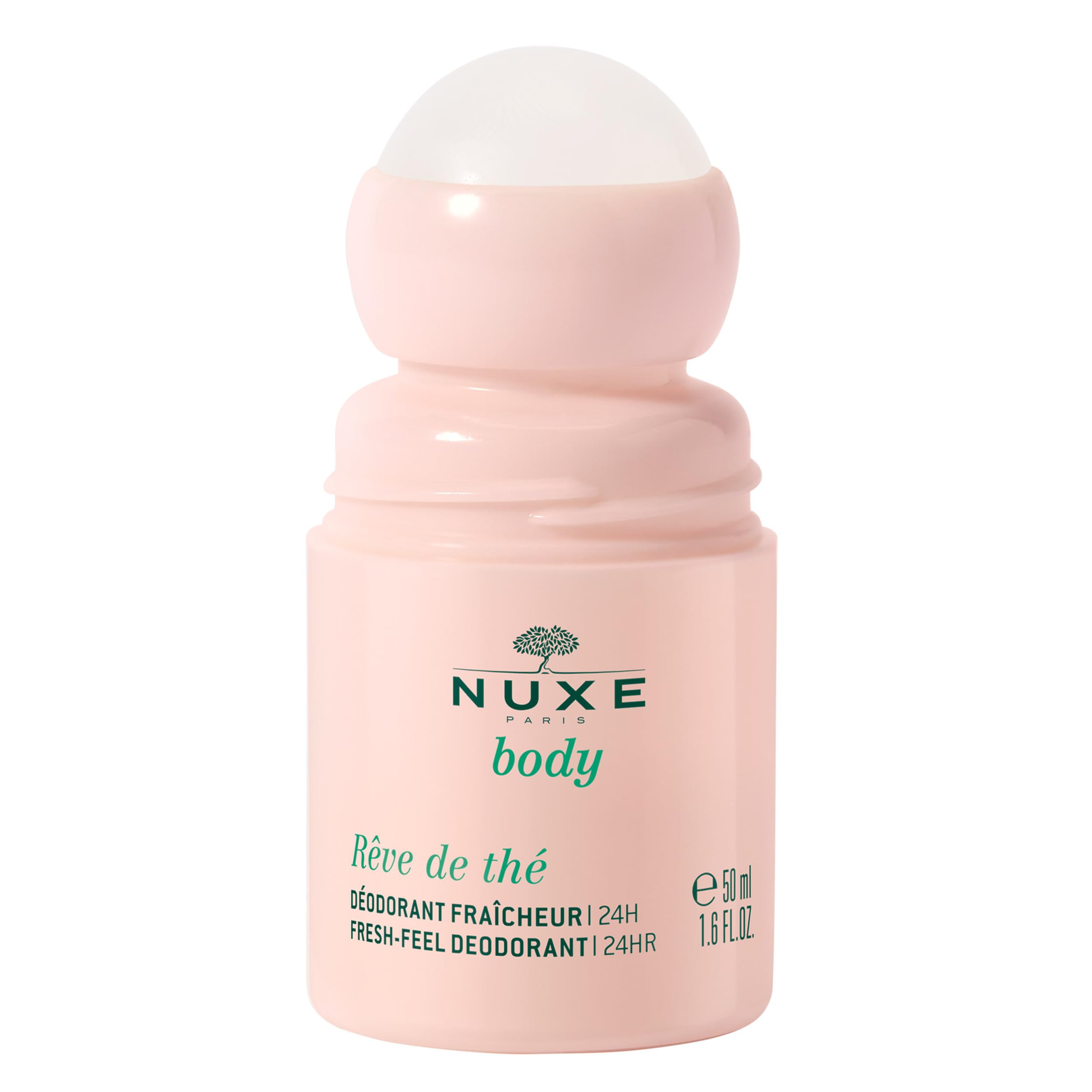 NUXE Reve de Thé roll-on sans aluminium sur la bouteille, fraîcheur durable toute la journée.