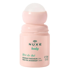 NUXE Reve de Thé roll-on sans aluminium sur la bouteille, fraîcheur durable toute la journée.