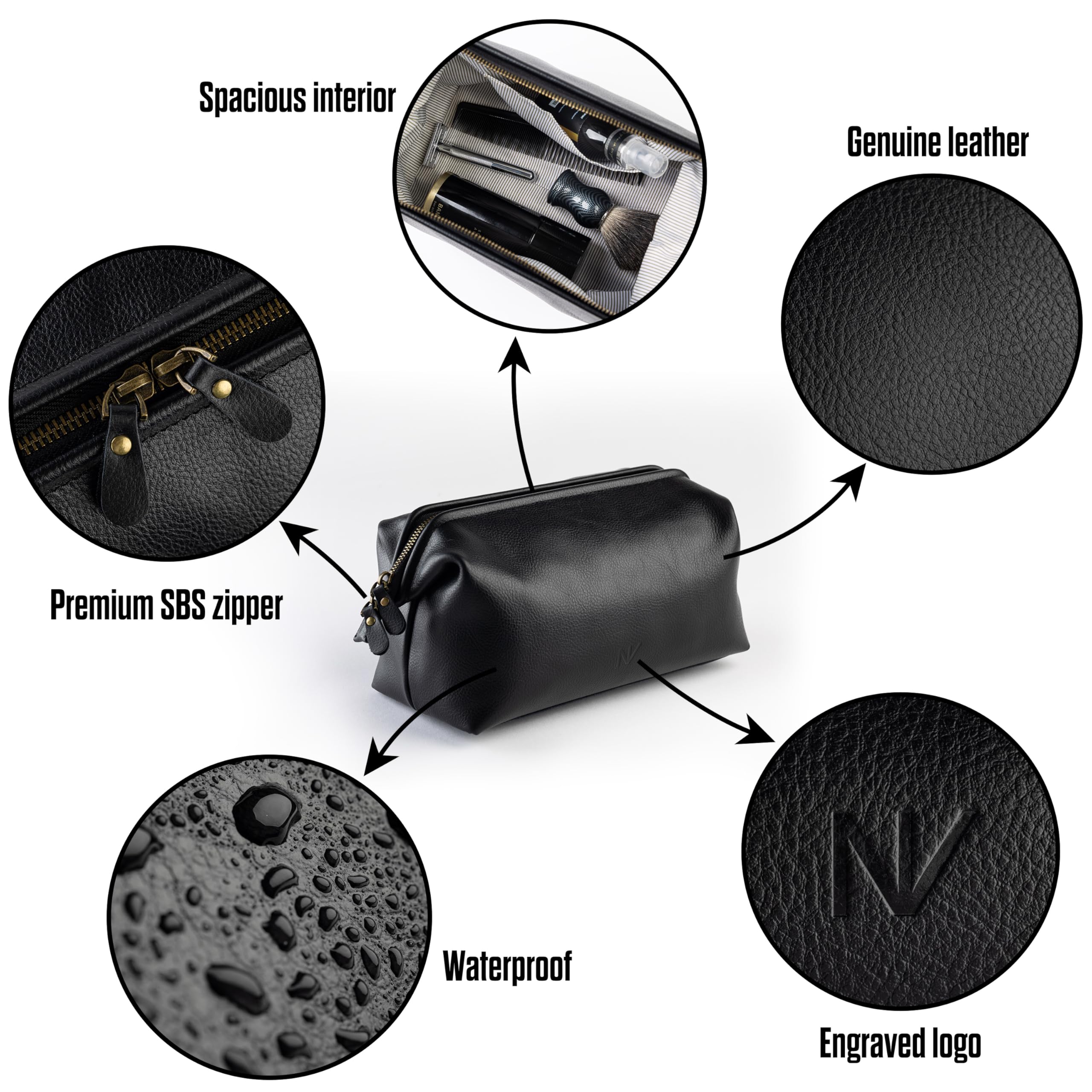 NV Holders trousse cuir noir extérieur, design élégant et robuste.