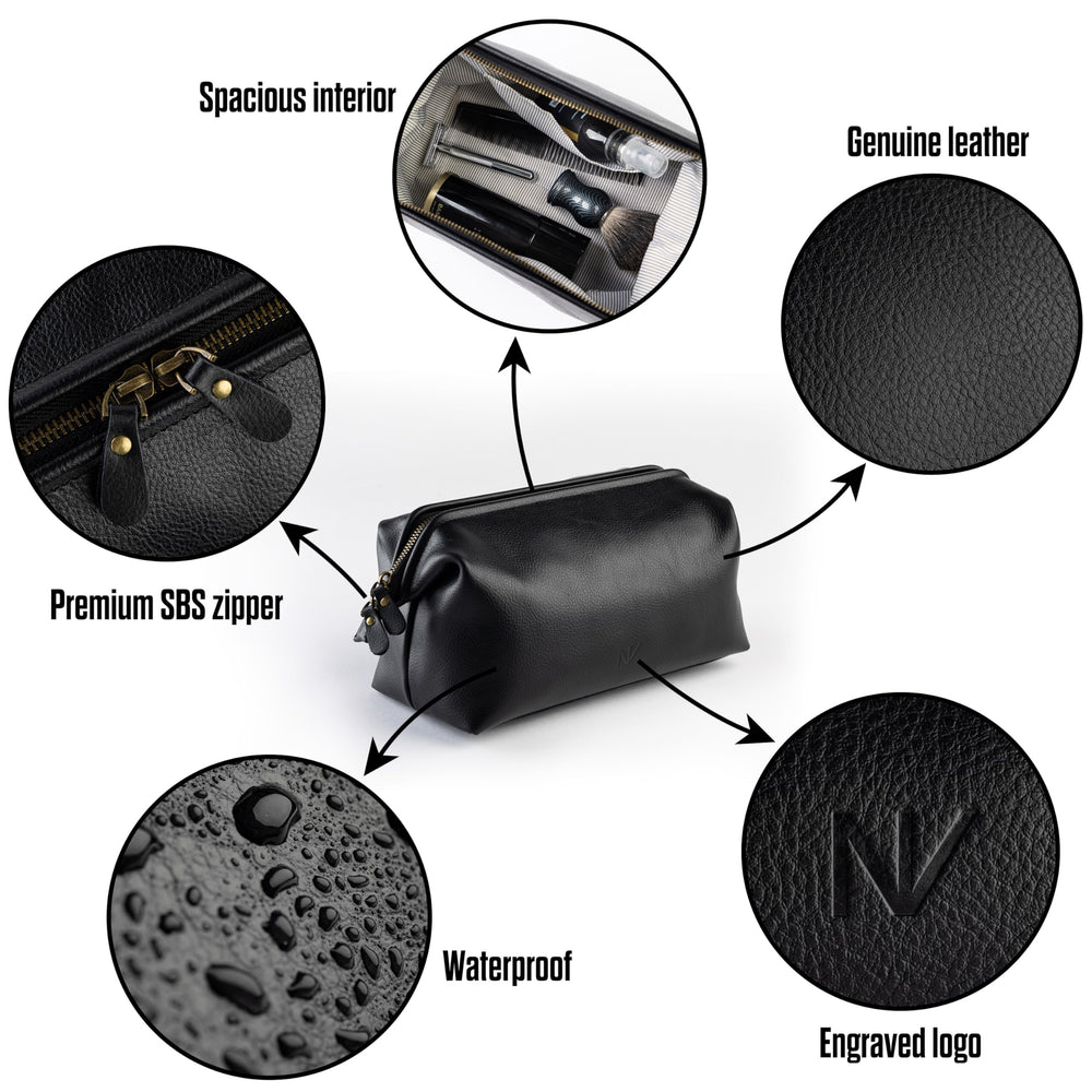 NV Holders trousse cuir noir extérieur, design élégant et robuste.