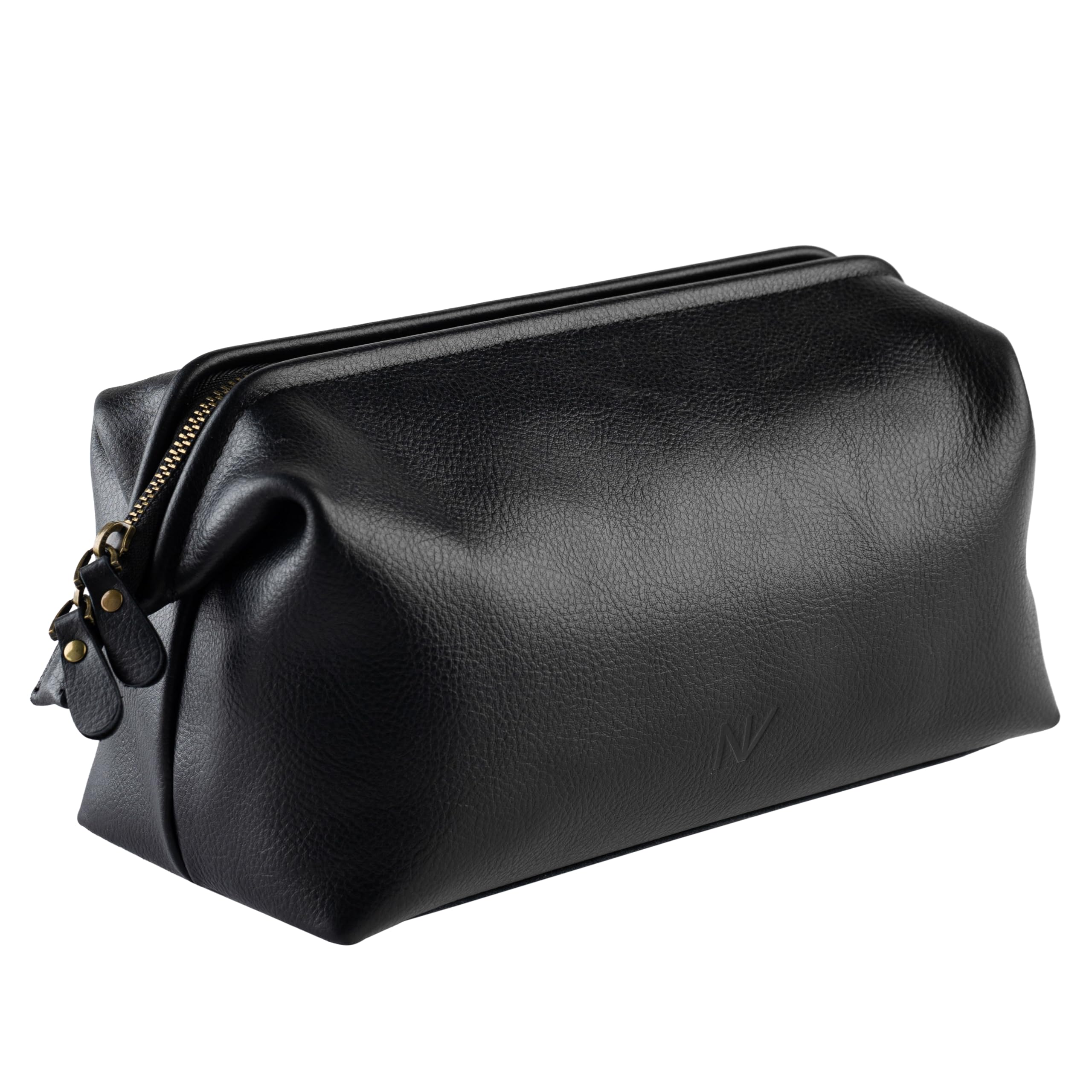 NV Holders trousse toilette cuir noir ouverte, rangement pratique pour accessoires de soin.