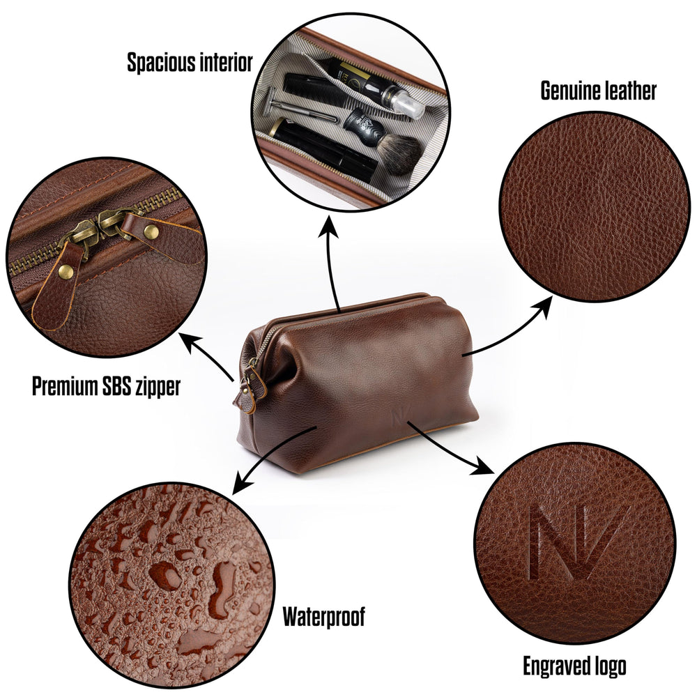 NV Holders trousse de toilette homme cuir brun, intérieur spacieux pour l'organisation.