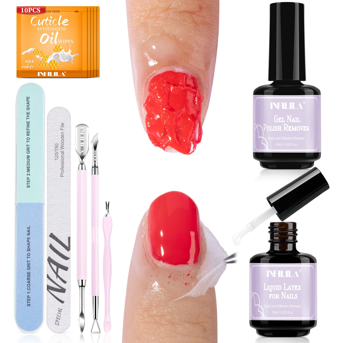 NXJ INFILILA kit packaging showing a complete at-home gel removal solution
