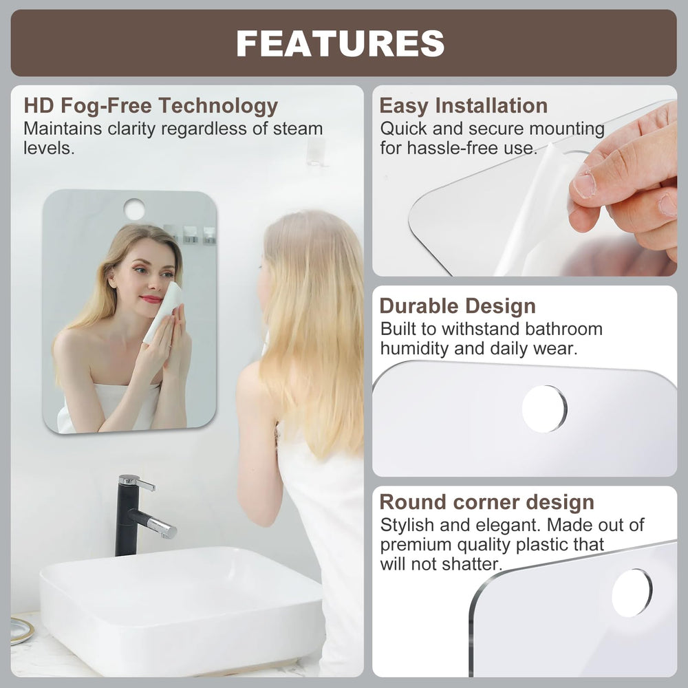 Nyosye miroir douche anti-buée lié au mur et posé sur étagère pour flexibilité.