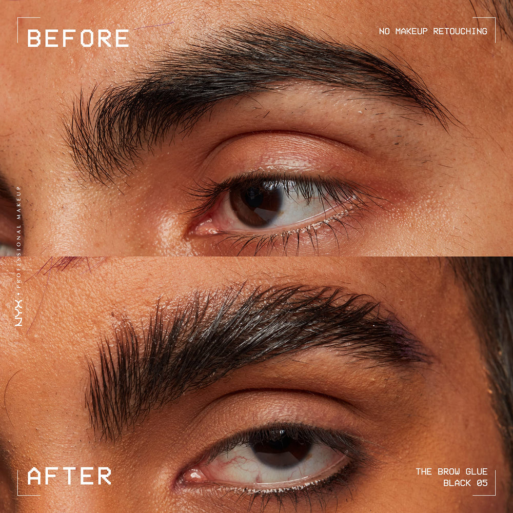 Nyx Brow Glue présente les quatre teintes disponibles pour tous les styles.