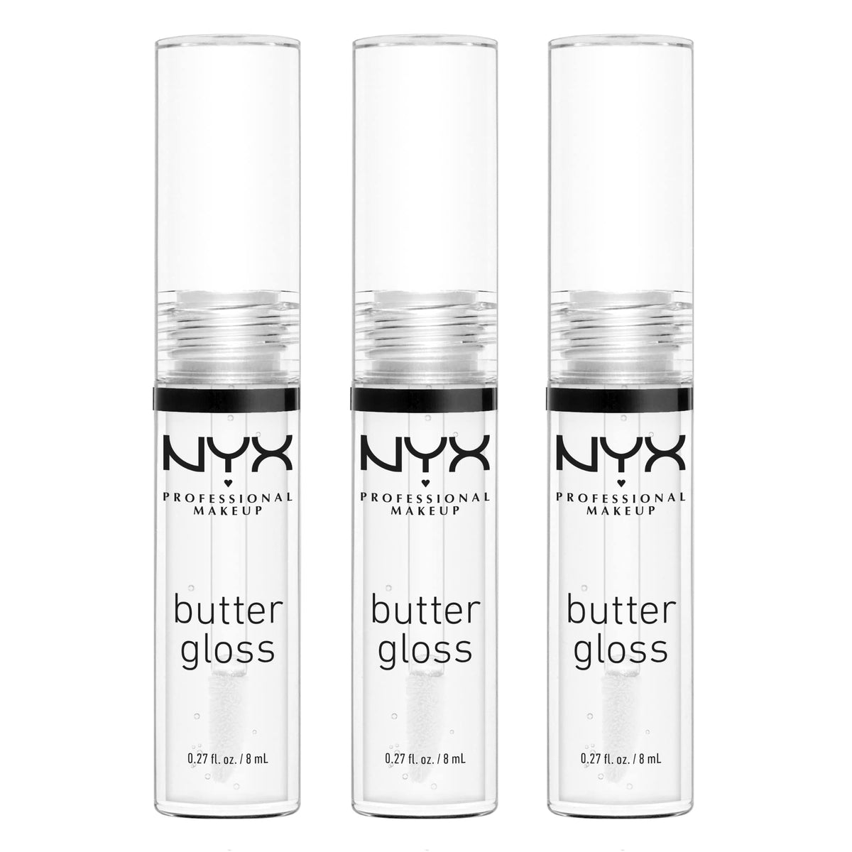NYX Butter Gloss Sugar Glass sur l'emballage trio, lèvres lumineuses et sans collant.