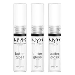 NYX Butter Gloss Sugar Glass sur l'emballage trio, lèvres lumineuses et sans collant.
