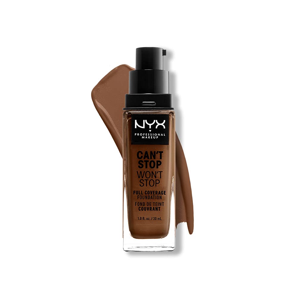 NYX Can't Stop Won't Stop, teinte Mocha, bouteille montrant couvrance matte et tenue longue