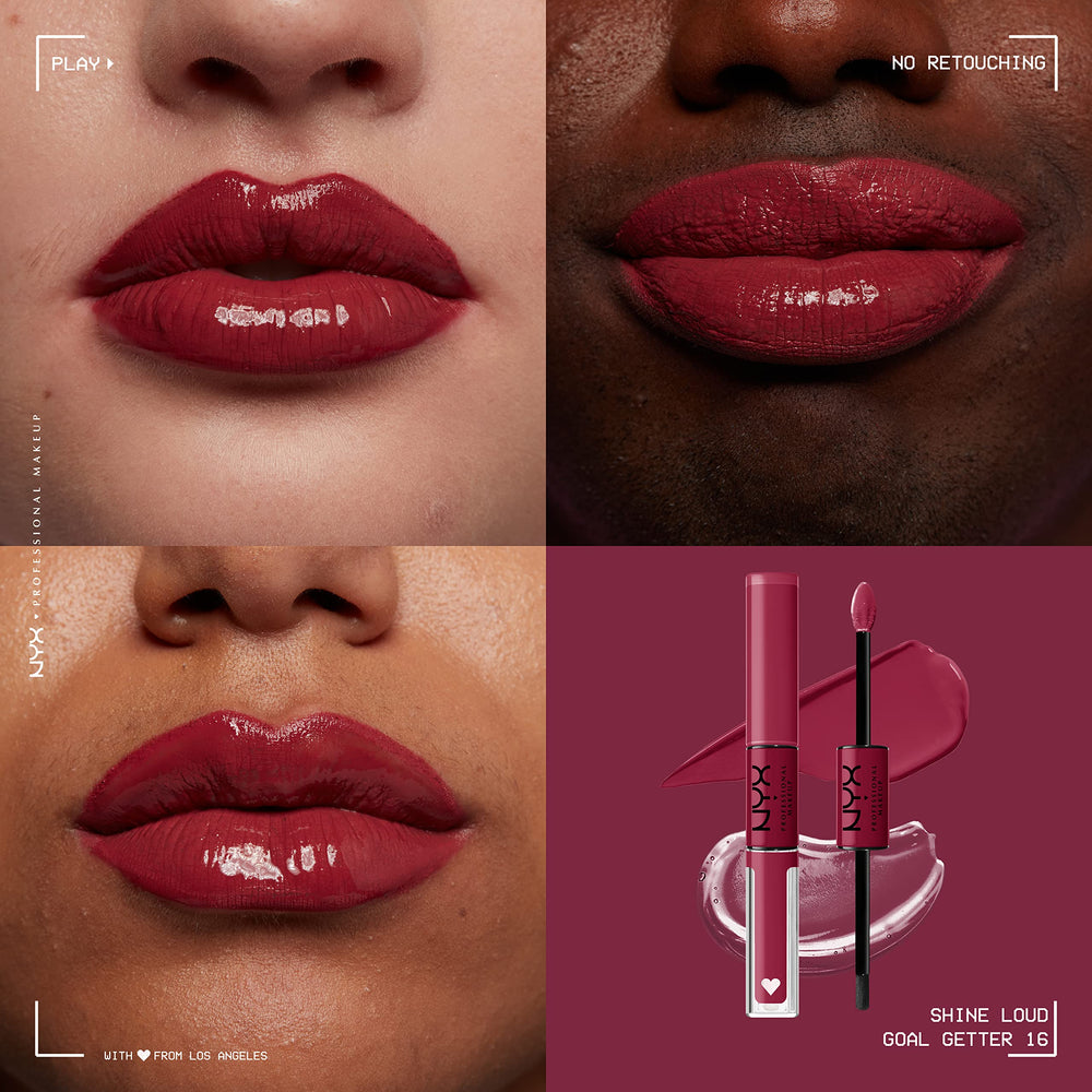 Échantillon couleur rouge profond de NYX Shine Loud pour un look audacieux.
