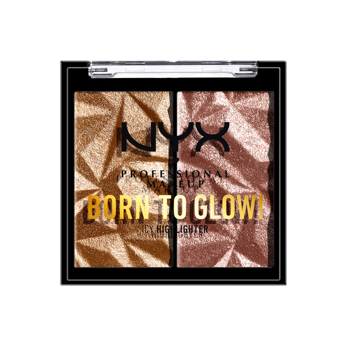 NYX enlumineur duo glacé sur le visage, brillance lumineuse et durable.