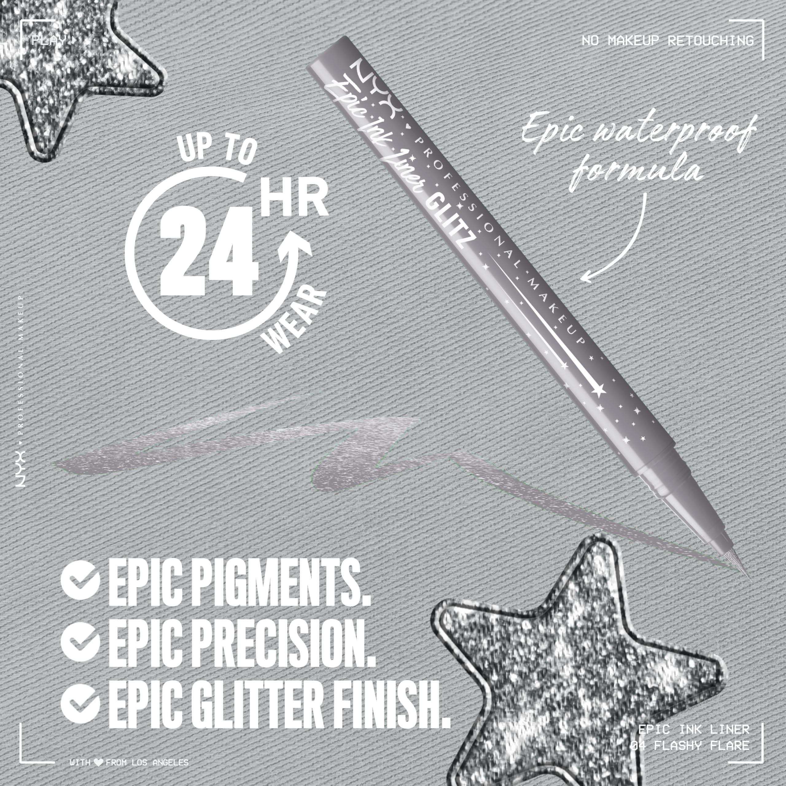 NYX Epic Ink Glitz liner brillance réfléchissante pour un regard captivant et durable.
