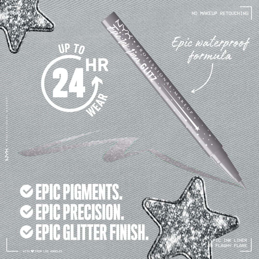 NYX Epic Ink Glitz liner brillance réfléchissante pour un regard captivant et durable.