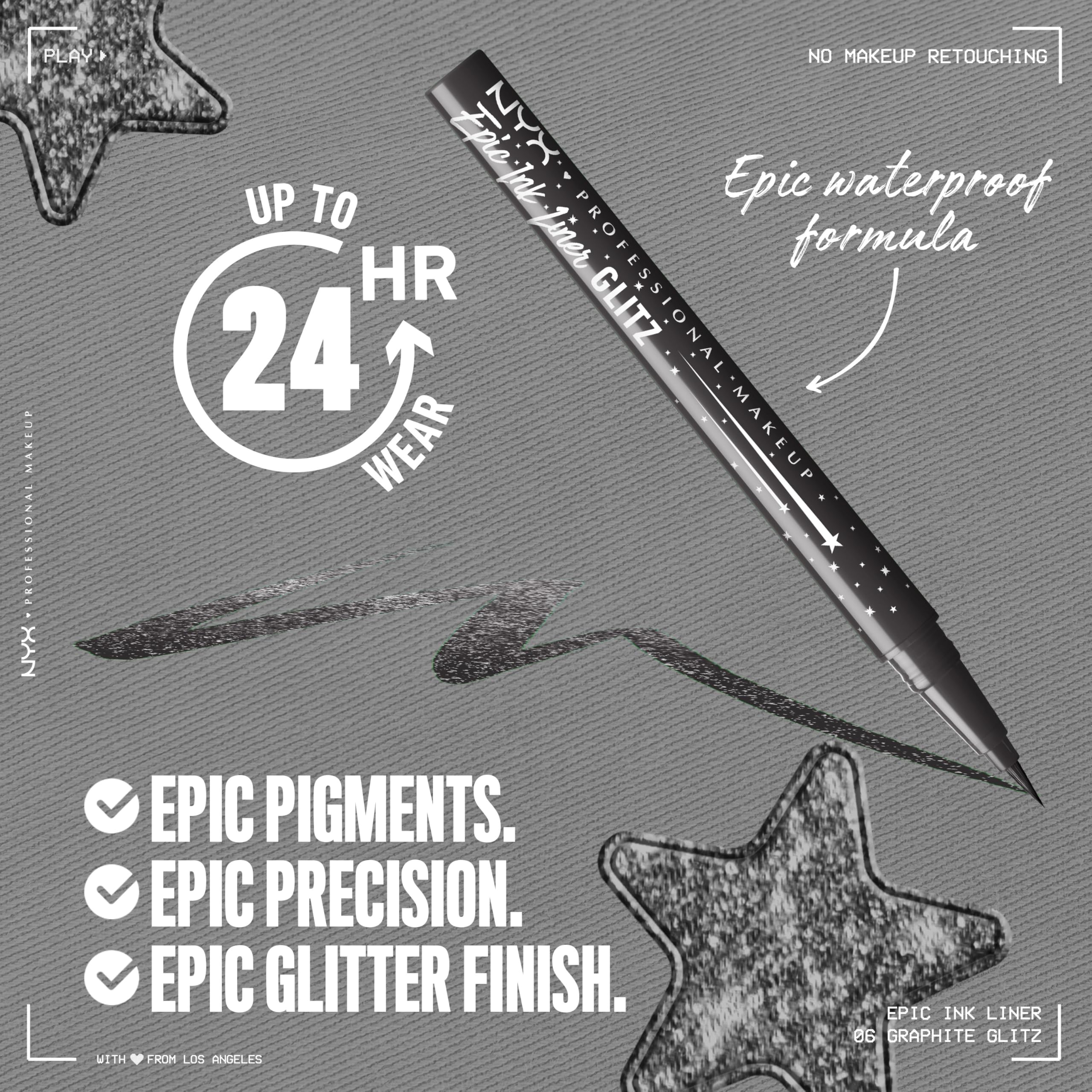 NYX Epic Ink Glitz pinceau précis pour des traits nets et fluides.