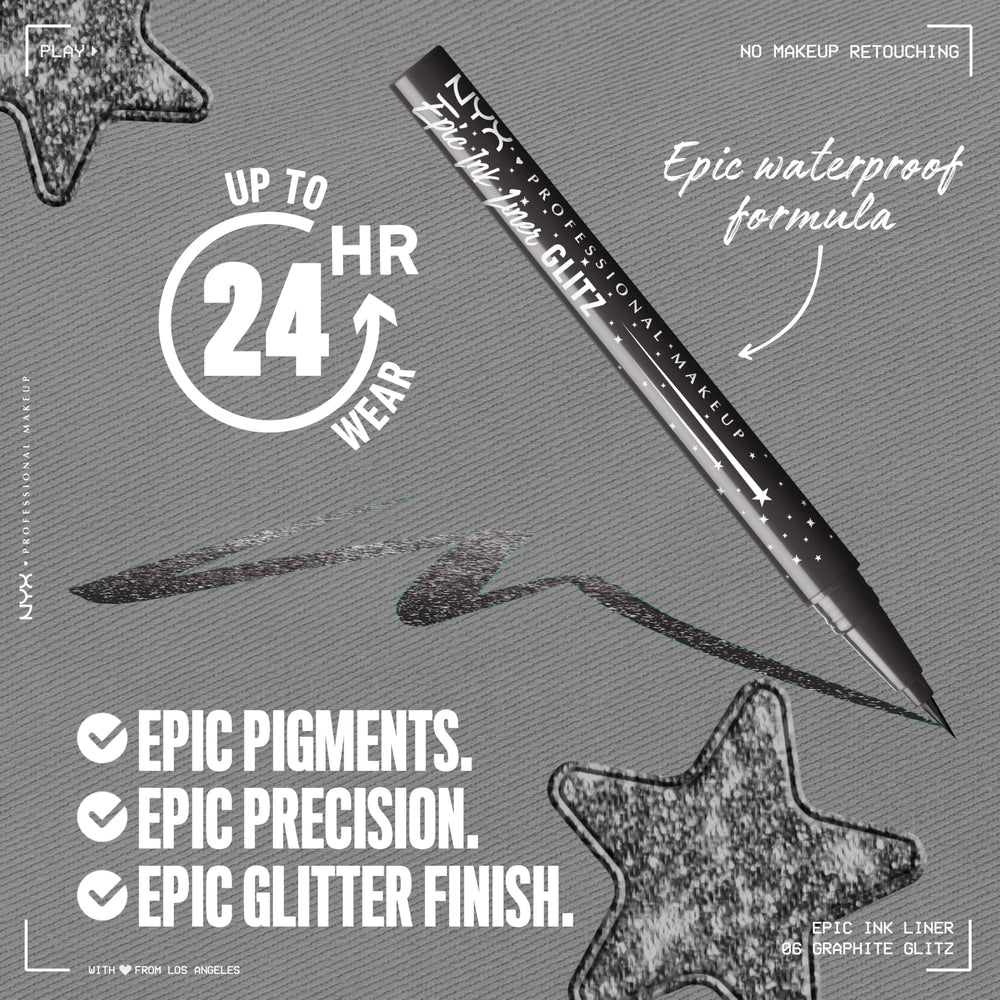 NYX Epic Ink Glitz pinceau précis pour des traits nets et fluides.