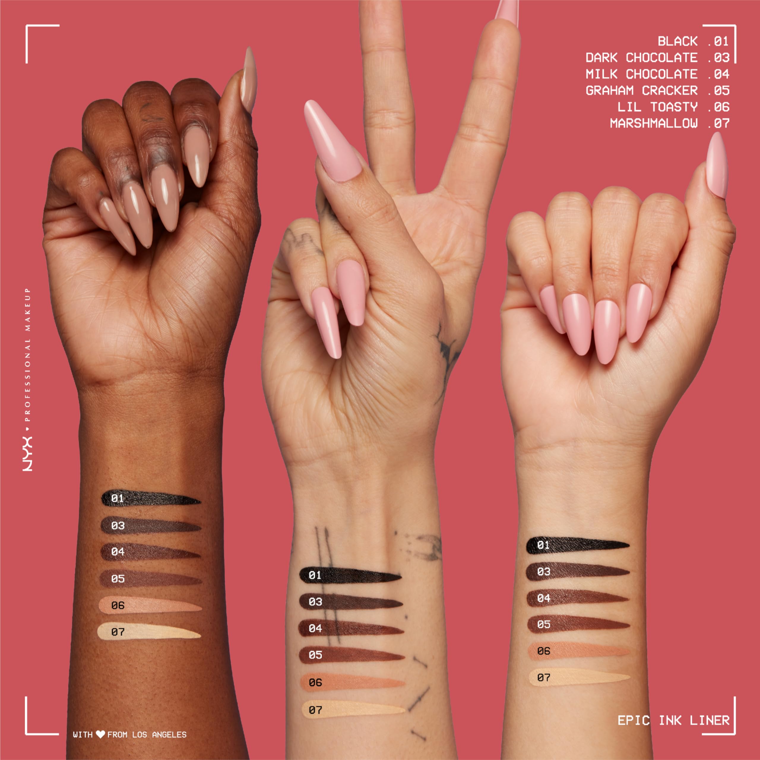 NYX Epic Ink Liner teinte chocolat au lait, swatch naturel.
