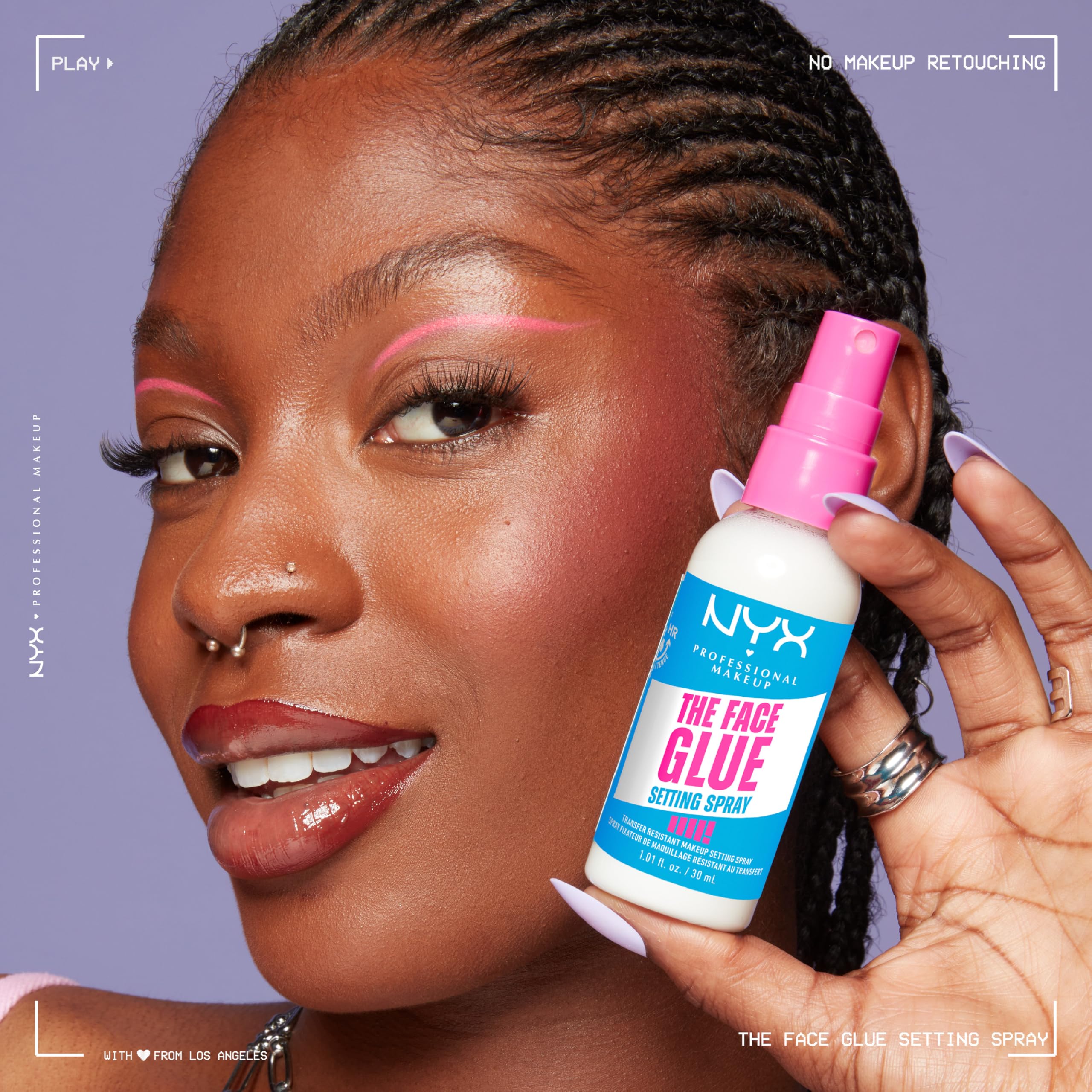 NYX Face Glue Setting Spray — adhérence extrême sans sensation lourde.