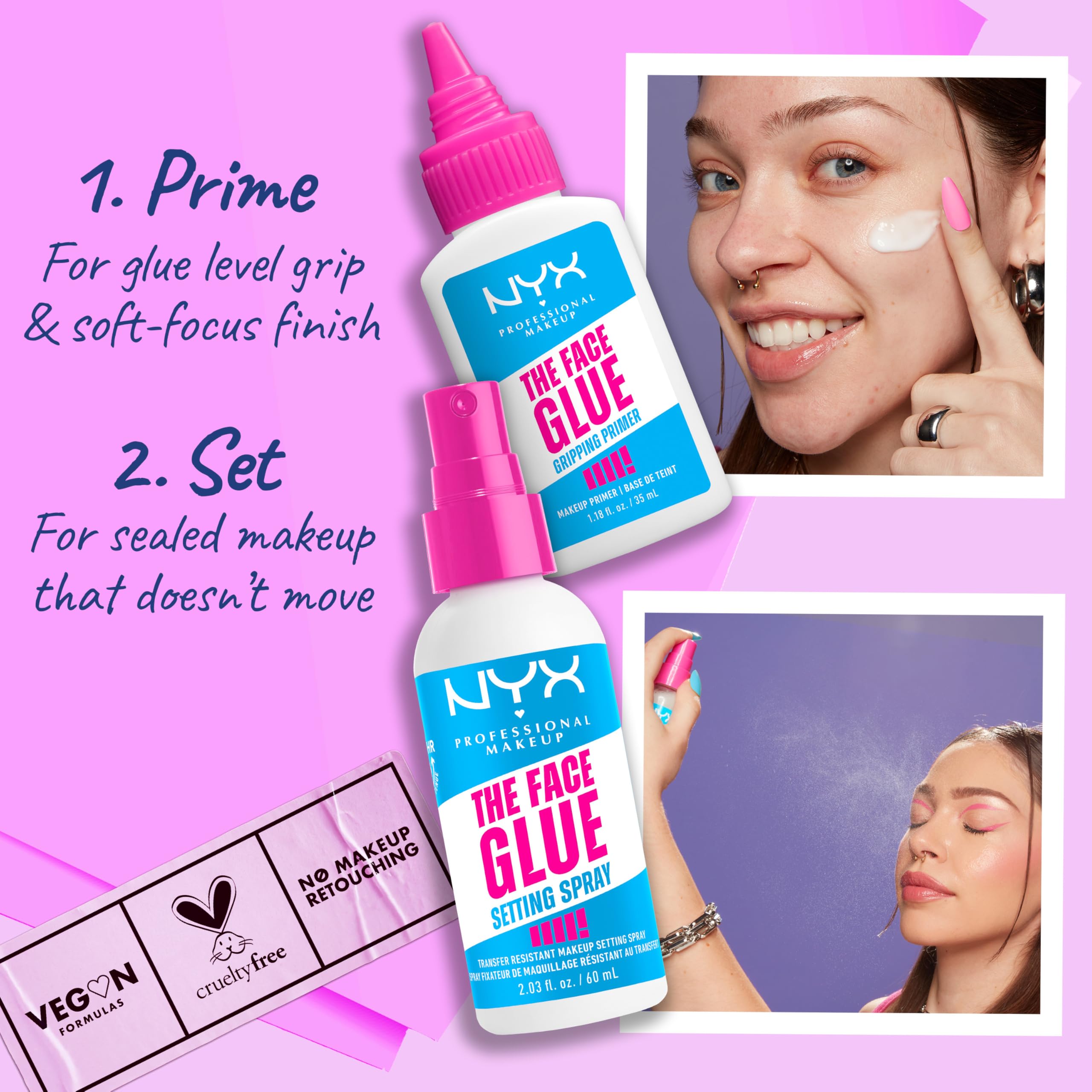 NYX Face Glue Setting Spray — tenue jusqu’à 24 heures selon l’usage.