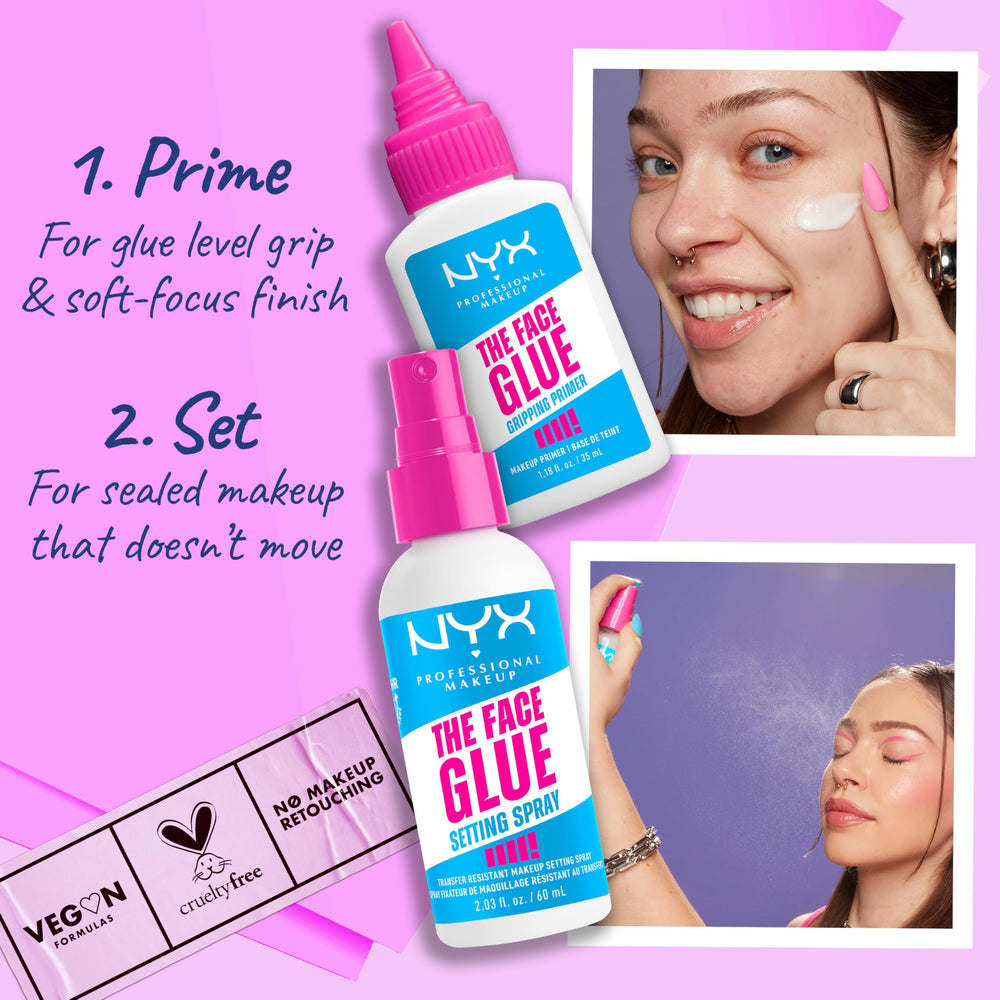 NYX Face Glue Setting Spray — tenue jusqu’à 24 heures selon l’usage.
