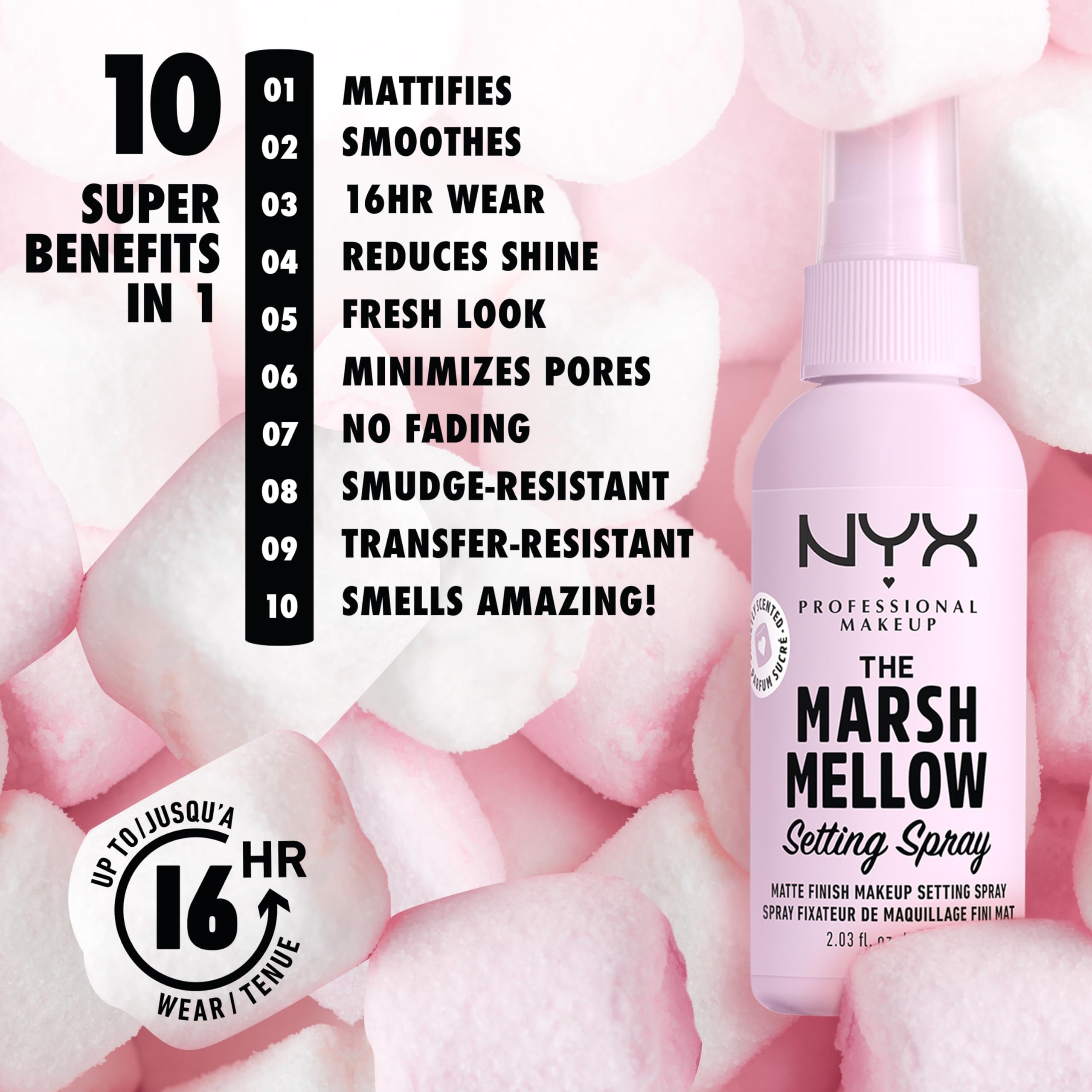 Finition matte du fixateur Marshmellow pour un teint sans brillance.