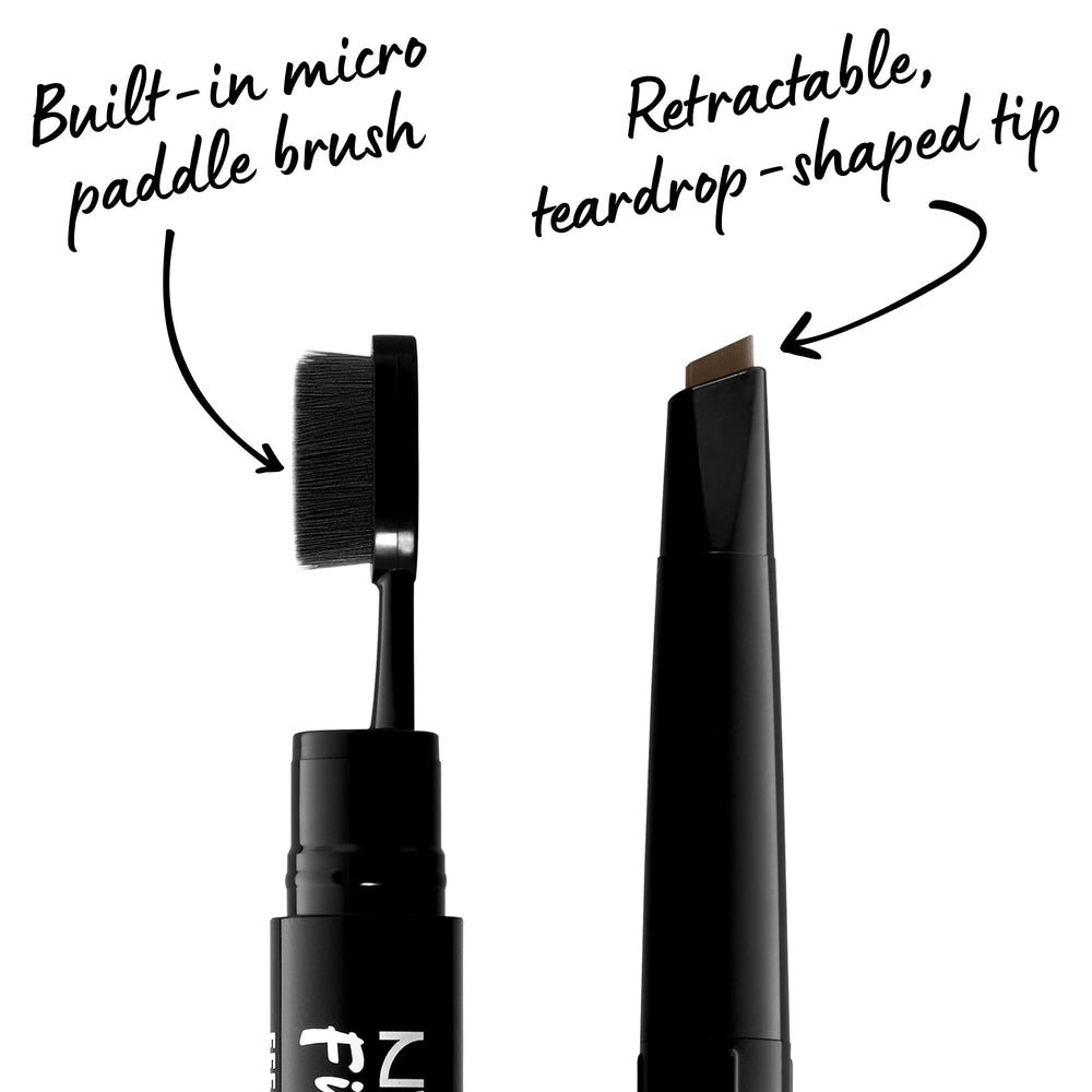 Double-face: crayon pomade et brosse intégrée pour un rendu homogène.