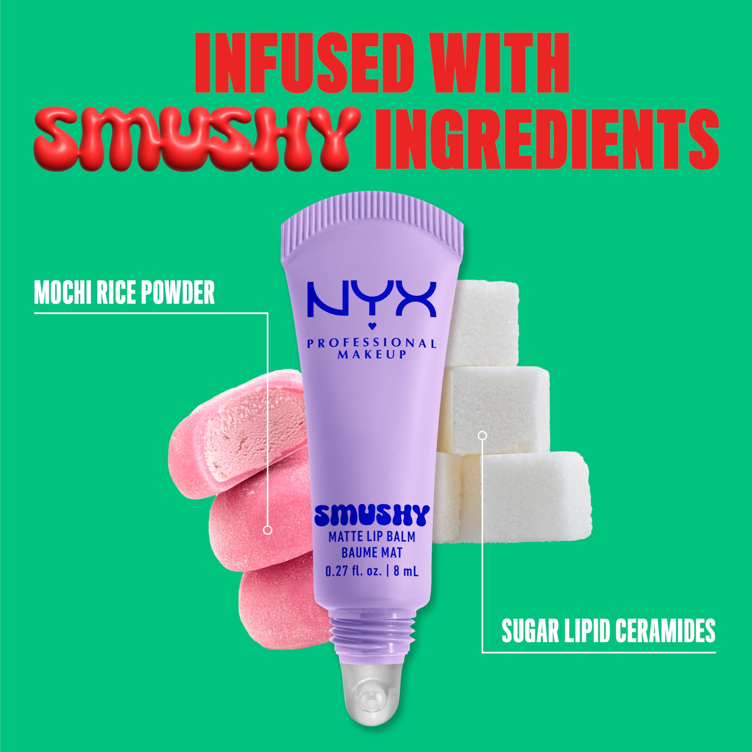 Démonstration de teinte rose pêche du Smushy Matte Lip Balm.