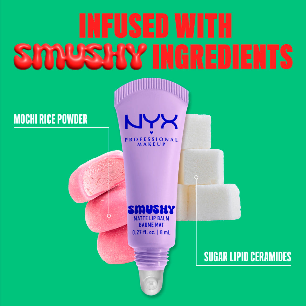 Démonstration de teinte rose pêche du Smushy Matte Lip Balm.