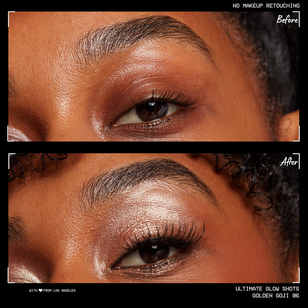 Texture seconde-peau NYX Ultimate Glow Shots, regard confortable et pigment intense.
