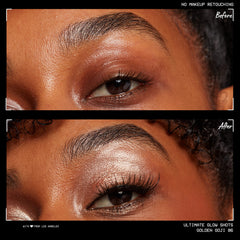 Texture seconde-peau NYX Ultimate Glow Shots, regard confortable et pigment intense.