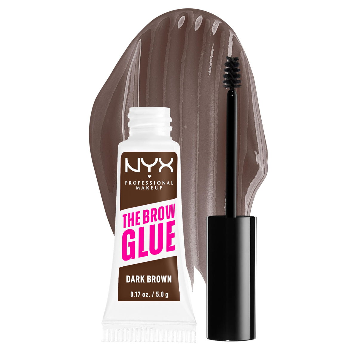 NYX The Brow Glue, gel sourcils colle les poils avec brosse ronde pour une tenue longue durée.