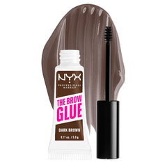 NYX The Brow Glue, gel sourcils colle les poils avec brosse ronde pour une tenue longue durée.