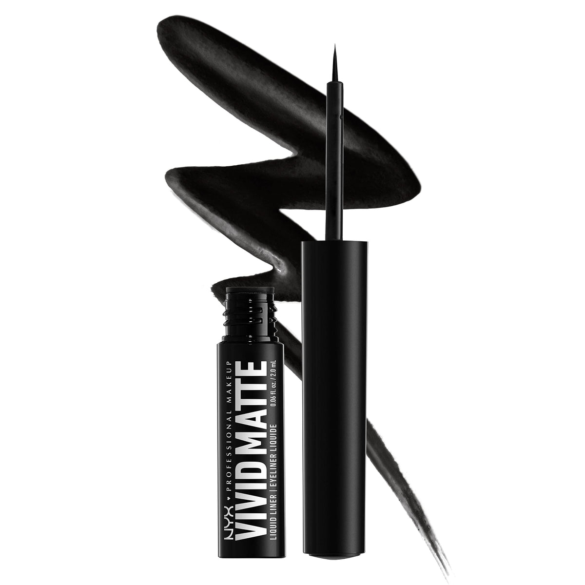 NYX PROFESSIONAL MAKEUP Vivid Matte Liquid Liner photo-produit noir, aperçu clair du produit et look potentiel.