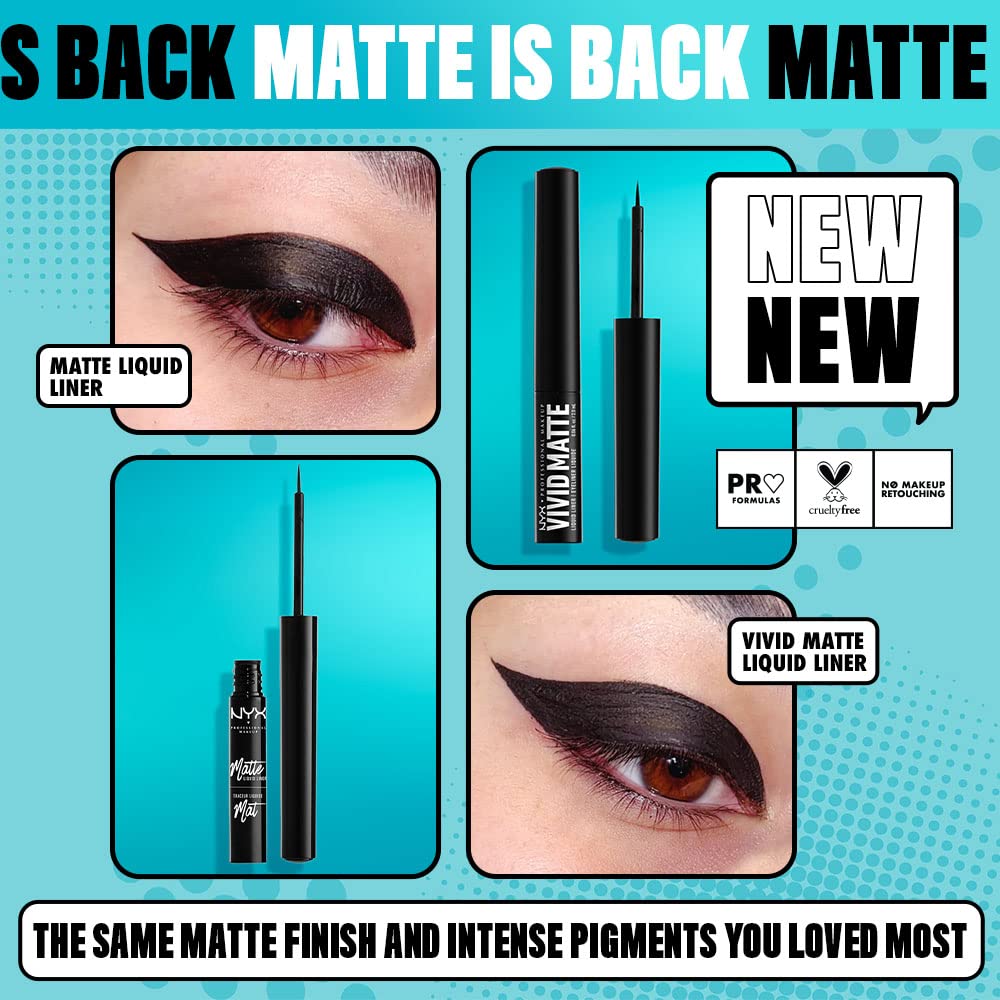 NYX PROFESSIONAL MAKEUP Vivid Matte Liquid Liner tête pinceau mince, précision idéale pour traits fins.