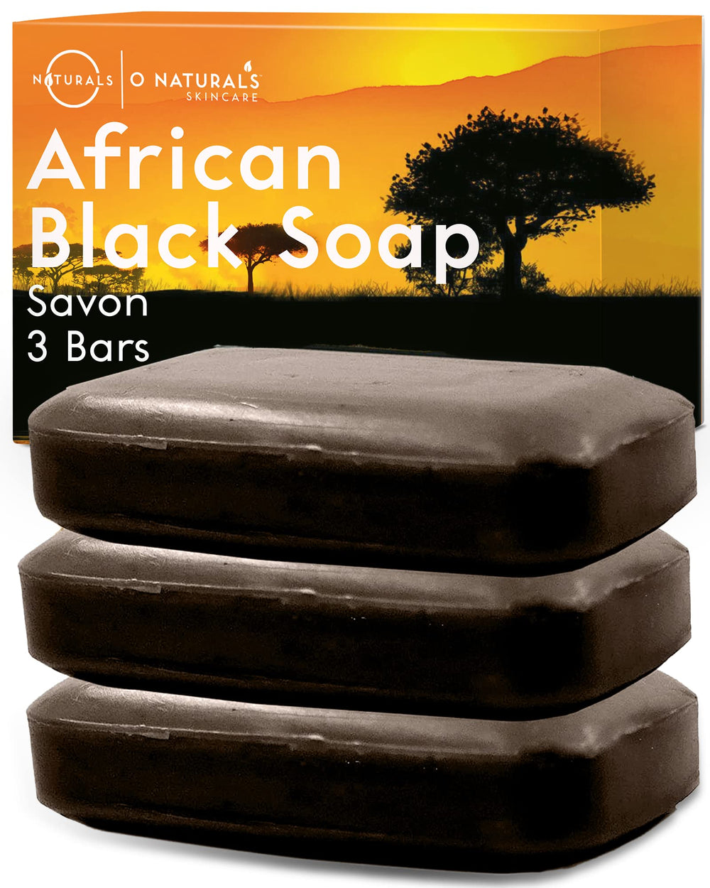 O Naturals savon Afrique noire, ensemble de trois barres pour le corps et le visage.
