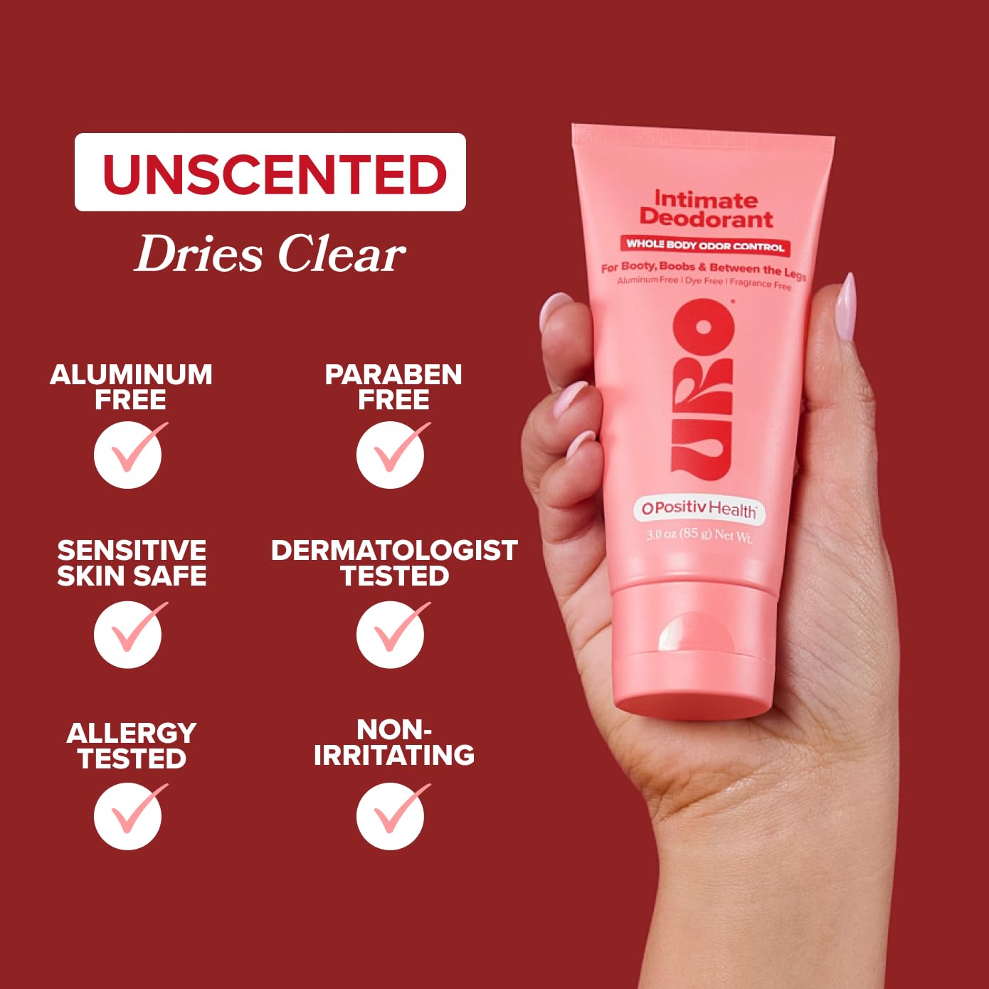 O Positiv URO hypoallergenic packaging highlighting dermatologist-tested safety.