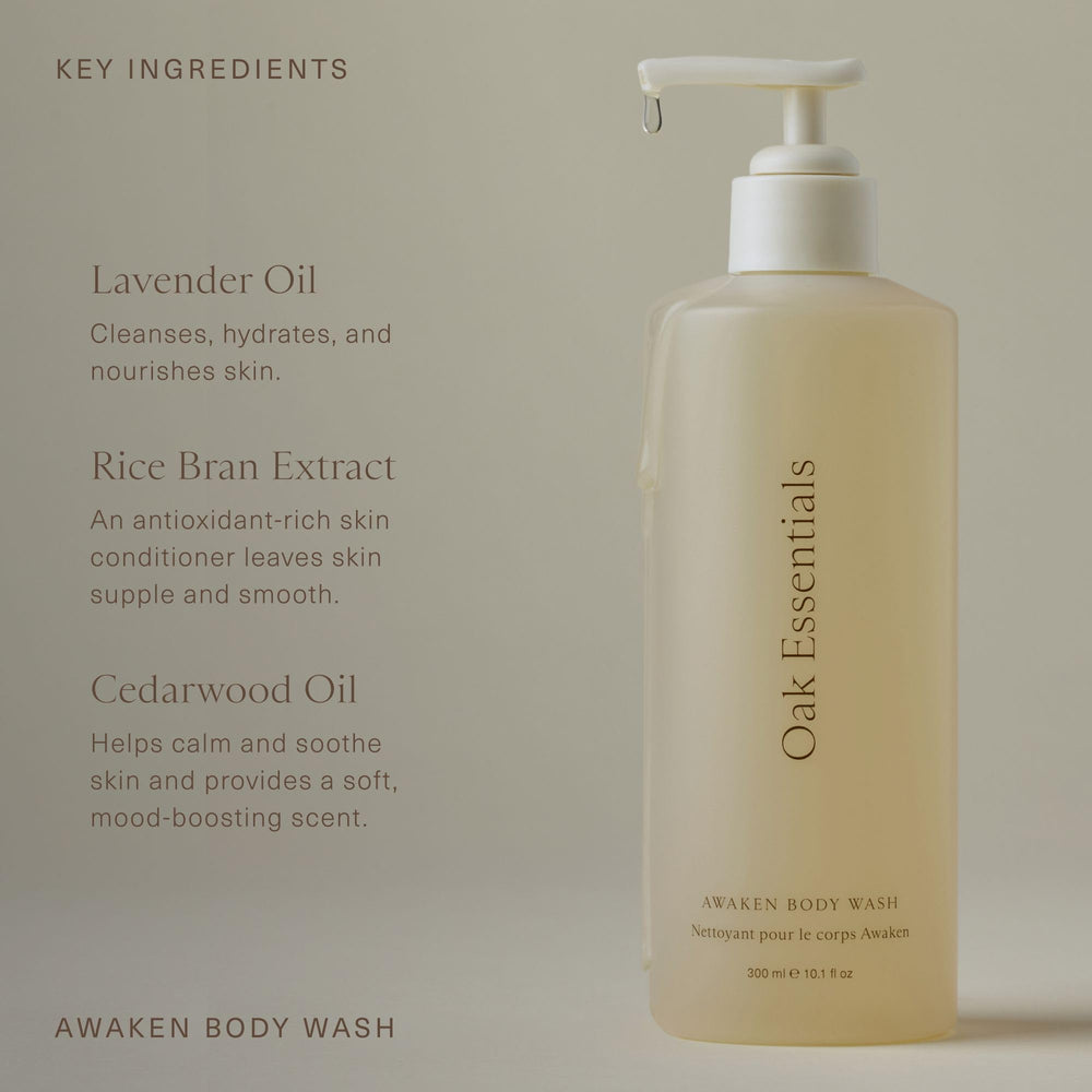 Oak Essentials Awaken Body Wash – rituel douche, idéal matin et soir pour l'éveil des sens.