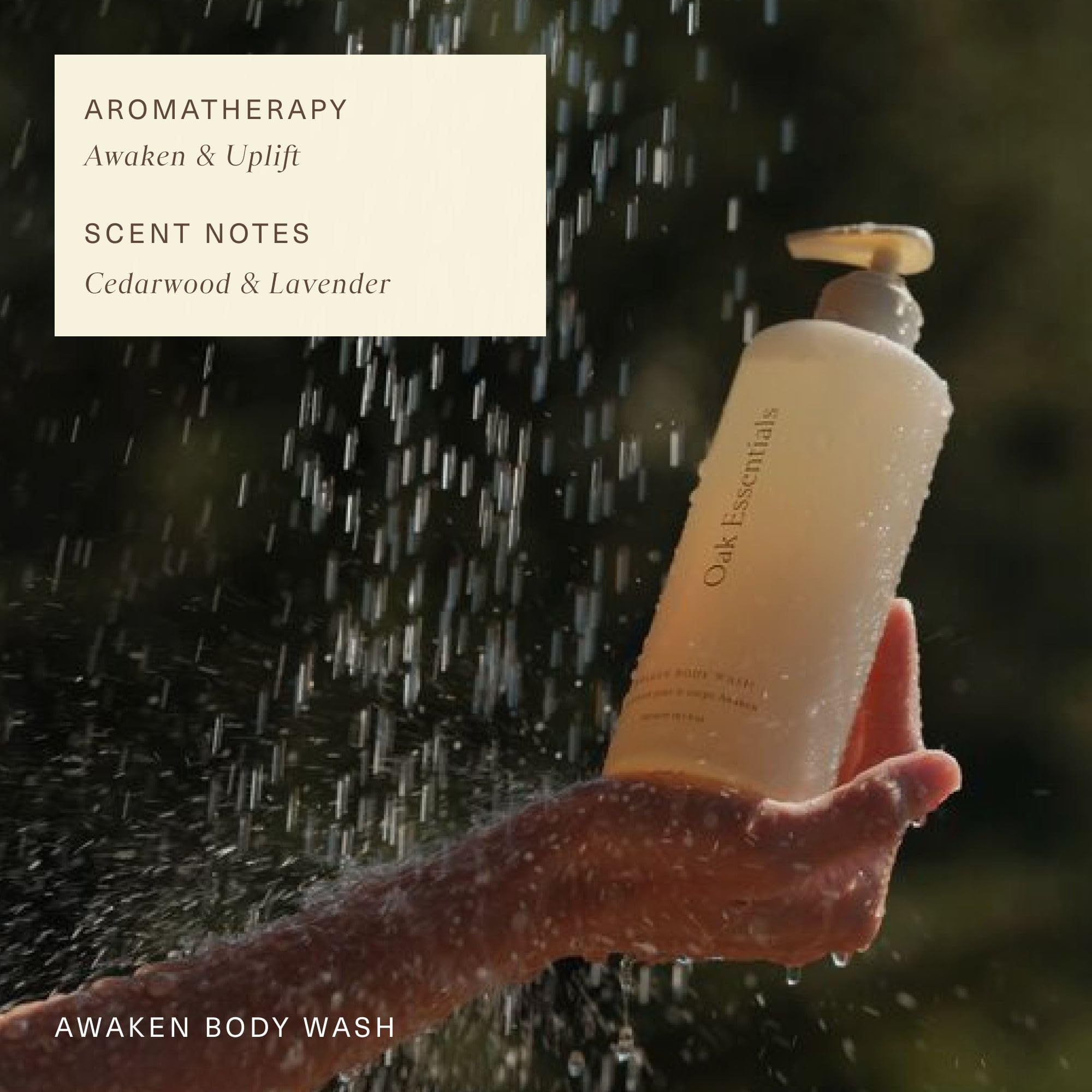 Oak Essentials Awaken Body Wash – sans silicone, formule pure respectueuse de la peau.