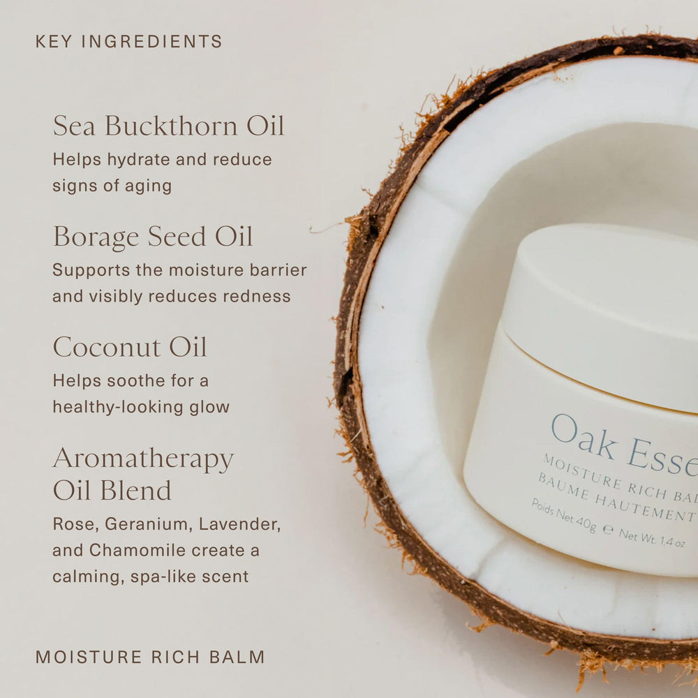Oak Essentials Balm offre une aromathérapie rose et camomille pour apaiser les sens.