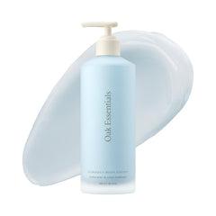 Oak Essentials Luminous Body Lotion – bouteille et capuchon, soin hydratant luxueux pour la peau.